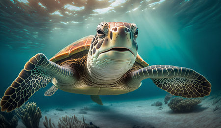 Portrait of a happy sea turtle swimming underwater. Generative AIの素材
