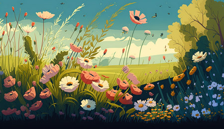 Illustration of a flower meadow in spring. Generative AI.の素材