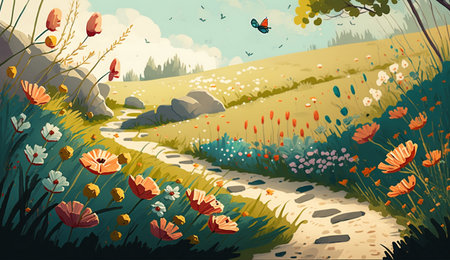 Illustration of a flower meadow in spring. Generative AI.の素材
