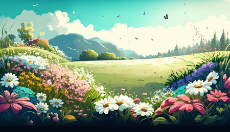 Illustration of a flower meadow in spring. Generative AI.の素材