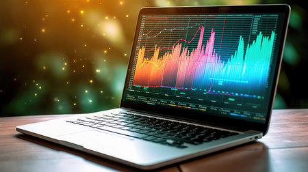 Stock market graph on the laptop screen. 3d rendering and illustration.の素材