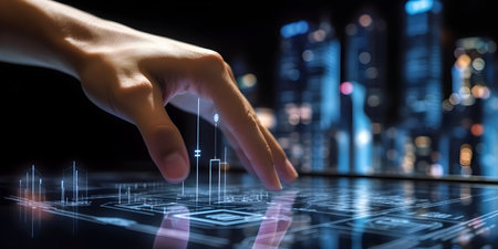 Hand touching virtual panel with financial chart and cityscape on dark backgroundの素材