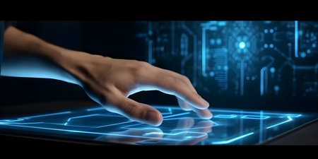 Close up of hand touching tablet screen with blue hologram on dark backgroundの素材