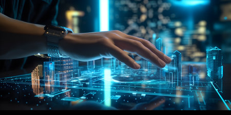 Close up of businessman hand touching virtual panel with digital city hologramの素材