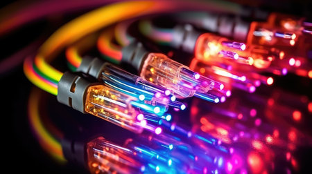close-up of network cable with colorful light beams on black backgroundの素材