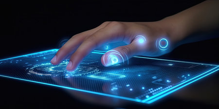 Finger touching tablet with future technology concept on dark background 3D renderingの素材