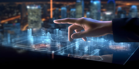 Close up of businessman hand touching virtual panel with cityscape at backgroundの素材