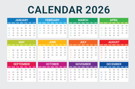 Calendar for the Year 2026 Featuring All Twelve Months of the Year for Planning and Scheduling Purposes Displaying a Clean and Organized Layout Ready for Your Important Datesのイラスト素材