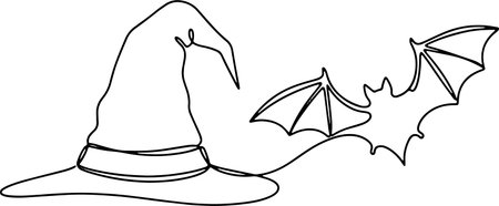 Black and white illustration of a witch's hat with bats flying aroundのイラスト素材