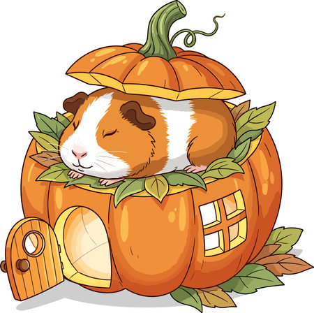 Illustration of a Cute Guinea Pig in a Pumpkin Jack O Lanternのイラスト素材
