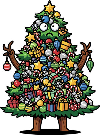 Funny cartoon Christmas tree with snowman illustrationのイラスト素材