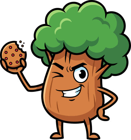 Smiling Tree Cartoon Mascot Character Holding a Cookie Vector Illustrationのイラスト素材