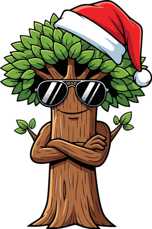 funny turtle cartoon wearing santa hat with christmas tree illustrationのイラスト素材