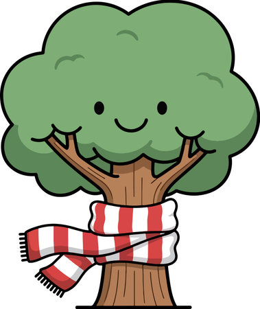 cartoon chef with knife and fork standing by a tree with vegetablesのイラスト素材