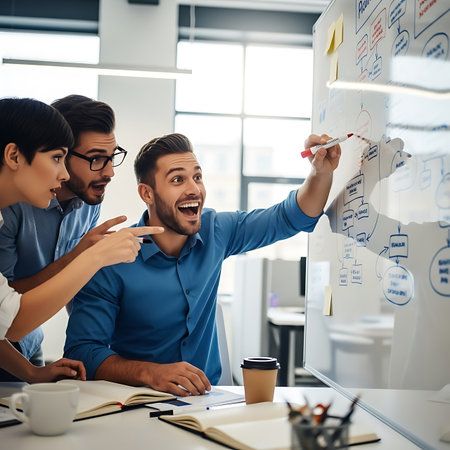 Group of young business people in smart casual wear working together in office. They are pointing at flipchart and smilingの素材