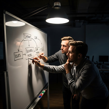 Two young businessmen working together on a whiteboard in the office.の素材