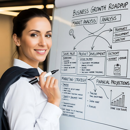 Portrait of happy smiling young businesswoman writing on whiteboard with business strategy plan. Success in business concept.の素材
