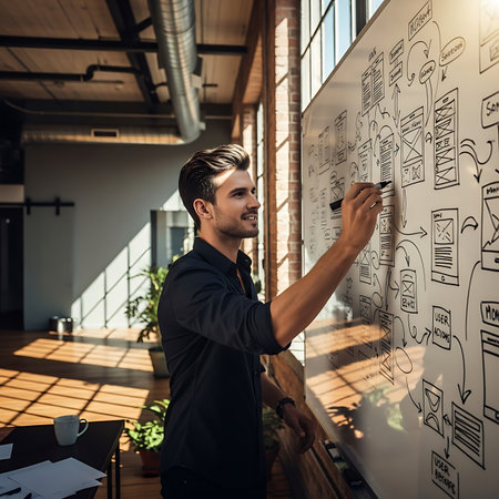 Handsome young businessman writing on a board while standing in the officeの素材