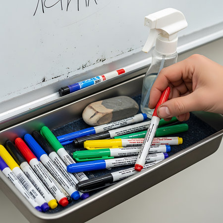 Hand holding a sanitizer bottle and a set of colored markersの素材