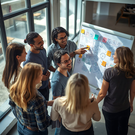 Group of young business people in smart casual wear working together on a project in office.の素材