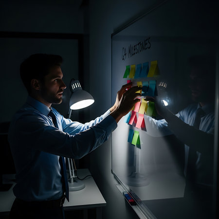 Businessman analyzing sticky notes on glass wall in office at night.の素材