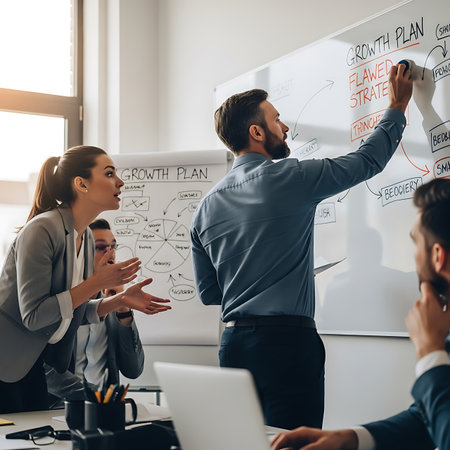 Business people in formal wear working together on whiteboard in modern office.の素材