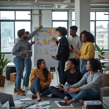 Multiethnic group of young business people in smart casual wear working and communicating together in creative office.の素材