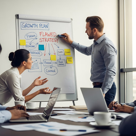 Business people working together in office. Businessman pointing at whiteboard with business plan.の素材