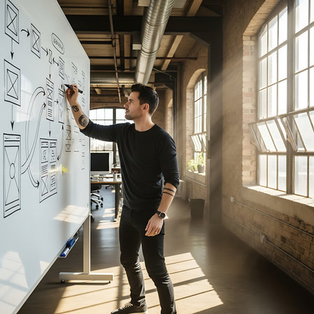 Side view of handsome young man in casual clothes writing on blackboard while standing in officeの素材