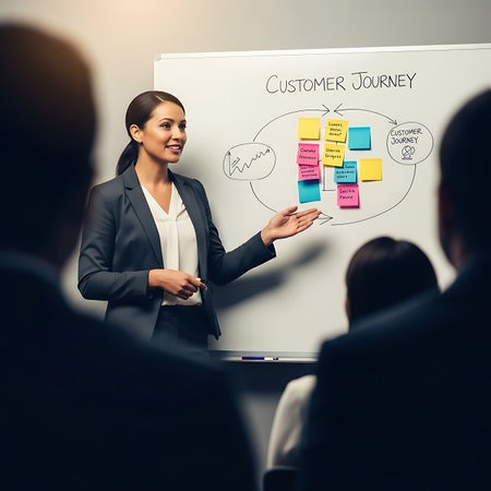 businesswoman pointing at whiteboard with business strategy sketch in meeting roomの素材