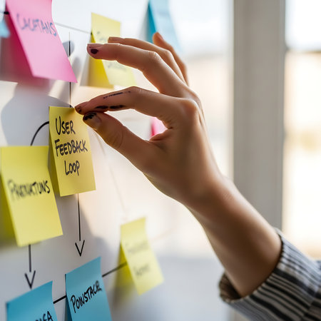business, education, planning and people concept - close up of businesswoman writing on sticky notes at officeの素材
