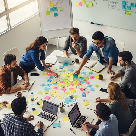Top view of a group of young business people working together in the office.の素材