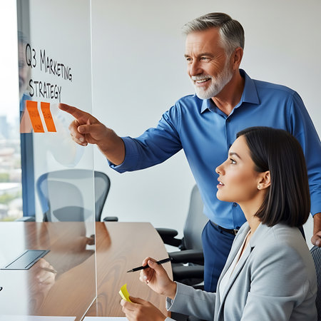 We are hiring. Smiling mature businessman pointing at something with his colleague in officeの素材