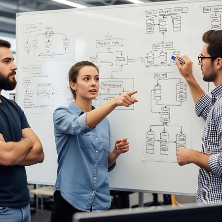 business, startup and people concept - group of smiling businesspeople with marker over flipchart in officeの素材