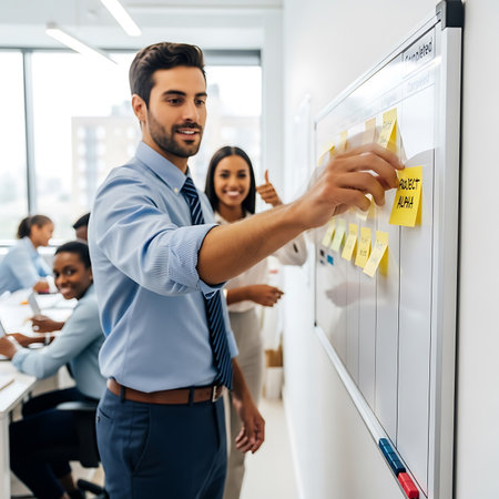 businessman showing sticky notes on board with business team in background at officeの素材