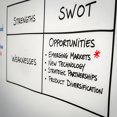 SWOT analysis, business strategy and marketing concept on a whiteboardの素材