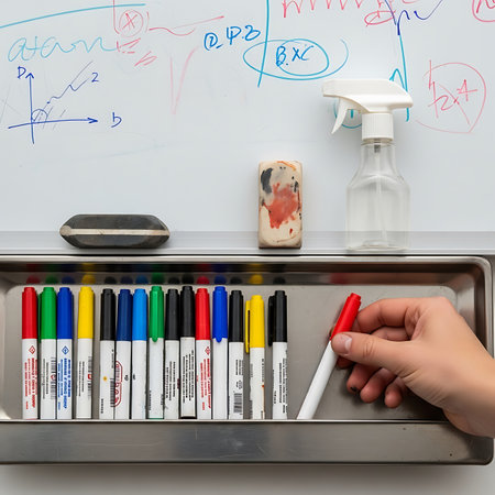 Hand holding crayons and sanitizer bottle on white backgroundの素材