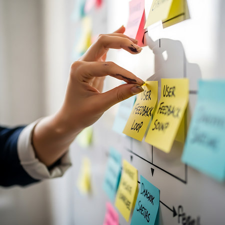 business, education, planning and people concept - close up of businesswoman writing on sticky notes at officeの素材