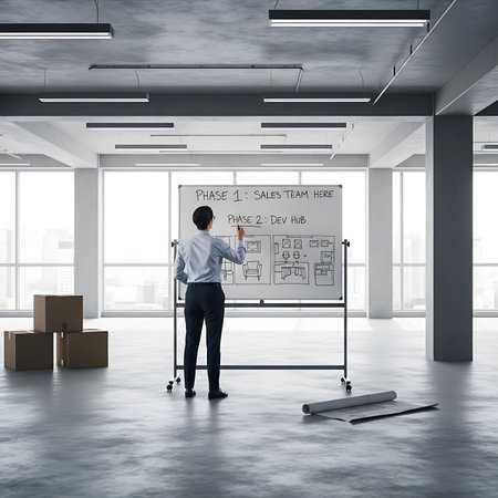 businessman drawing on white board in modern office, 3d renderingの素材