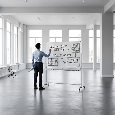 Businessman drawing plan on whiteboard in office. 3d renderingの素材