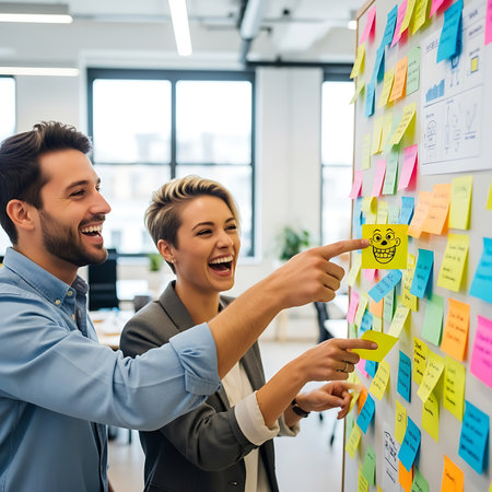 selective focus of happy businesspeople pointing at sticky notes on wall in officeの素材