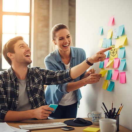 Beautiful young woman and man are using sticky notes and smiling while working in officeの素材