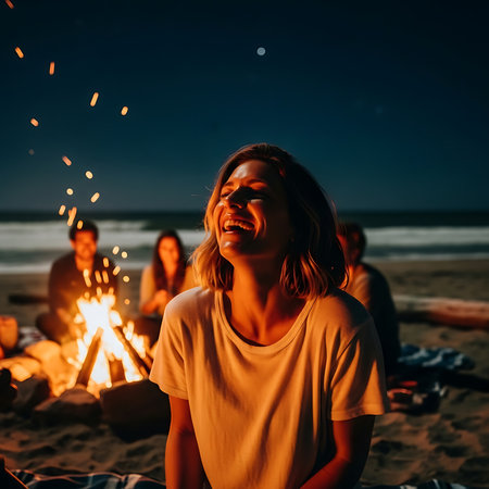 Group of friends having fun near bonfire on the beach at nightの素材
