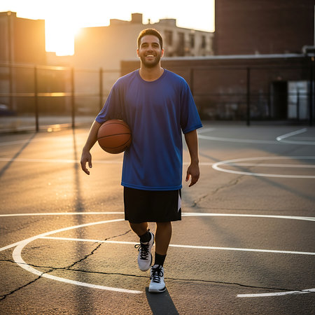 Full length portrait of a smiling young man holding basketball ball while standing on basketball court outdoorsの素材