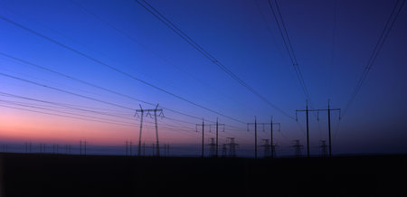 Electric mains seen at the start of sunrise.の写真素材
