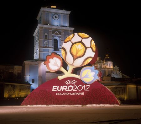 KYIV, UKRAINE-DECEMBER 14, 2009 - Official logo for UEFA EURO 2012. After presentation of the official logotype for UEFA EURO 2012. Mykhailivska Square, Kyiv, Ukraine, December 14, 2009.のeditorial素材