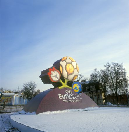 KYIV, UKRAINE-DECEMBER 14, 2009 - Official logo for UEFA EURO 2012. After presentation of the official logotype for UEFA EURO 2012. Mykhailivska Square, Kyiv, Ukraine, December 14, 2009.のeditorial素材