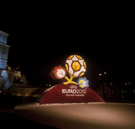 KYIV, UKRAINE-DECEMBER 14, 2009 - Official logo for UEFA EURO 2012. After presentation of the official logotype for UEFA EURO 2012. Mykhailivska Square, Kyiv, Ukraine, December 14, 2009.のeditorial素材