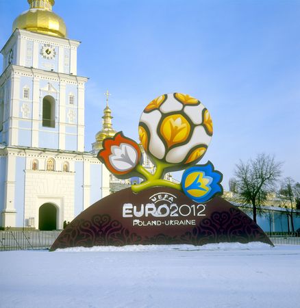 KYIV, UKRAINE-DECEMBER 14, 2009 - Official logo for UEFA EURO 2012. After presentation of the official logotype for UEFA EURO 2012. Mykhailivska Square, Kyiv, Ukraine, December 14, 2009.のeditorial素材