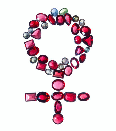 Colored gems make a female gender sign. Isolated on white. No sharpening has been applied. Paths...